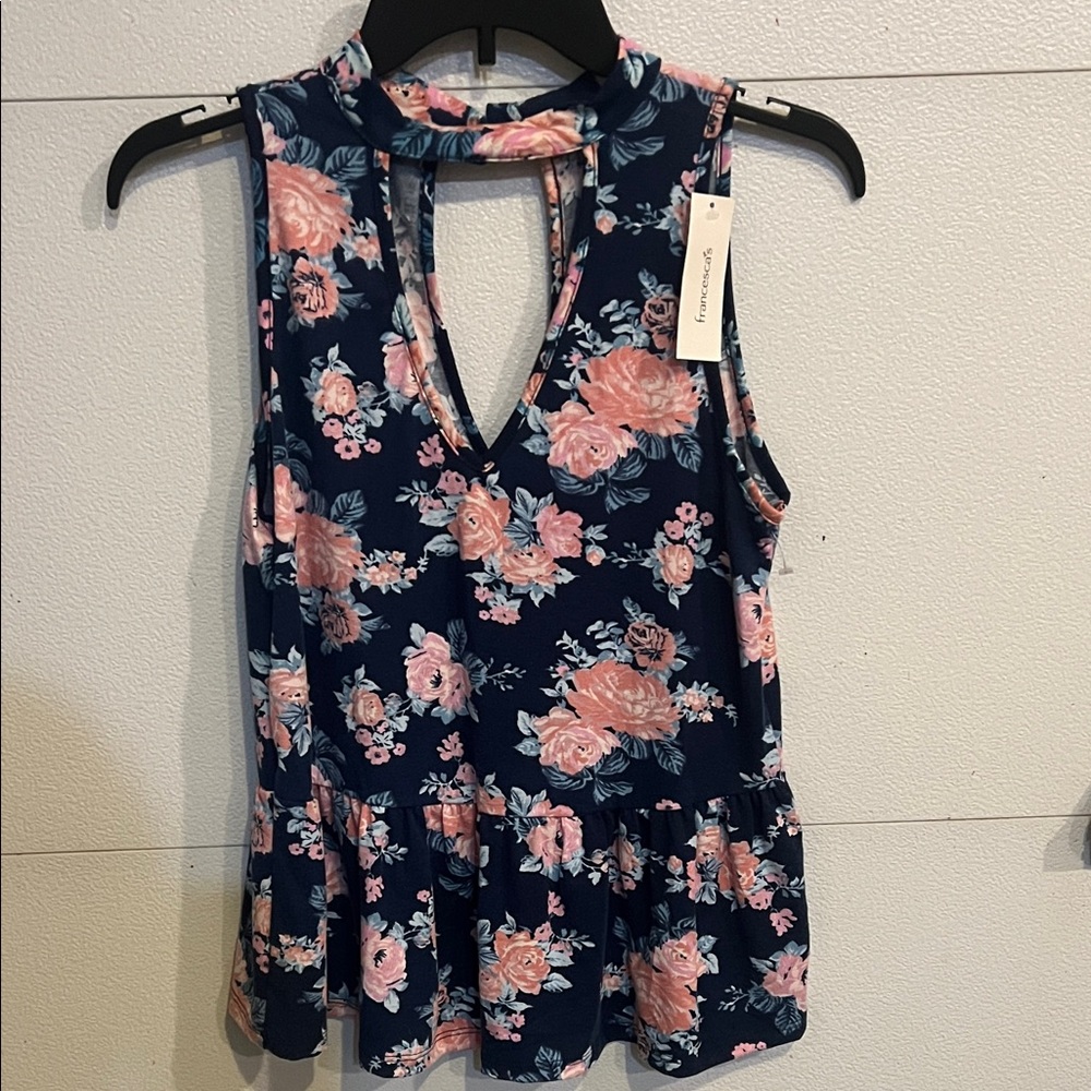 Francesca's Collections Navy and Pink Floral Blouse
